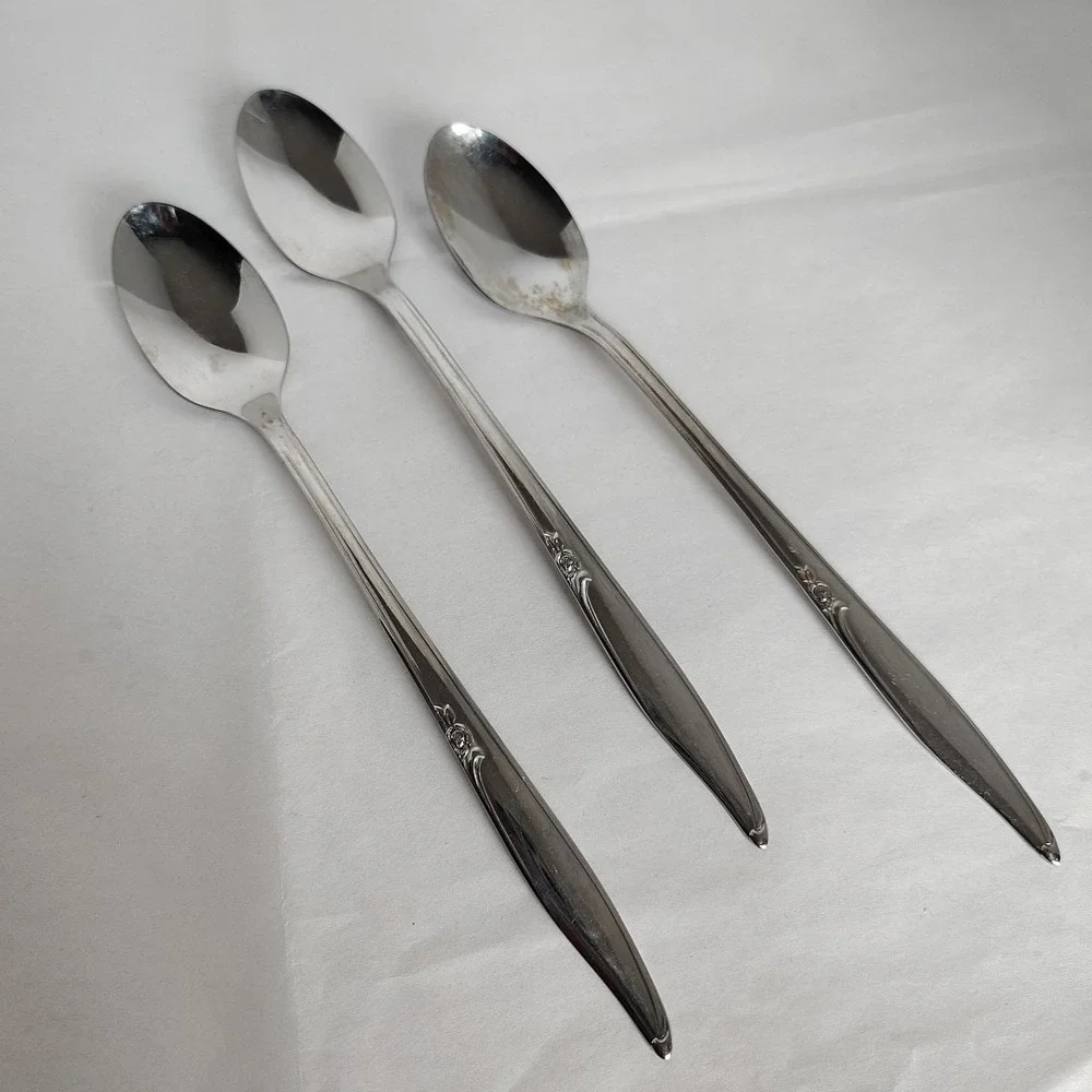 Oneida Kenwood Forever Rose Stainless Steel Iced Tea Spoon 3 USA Glossy Flatware
